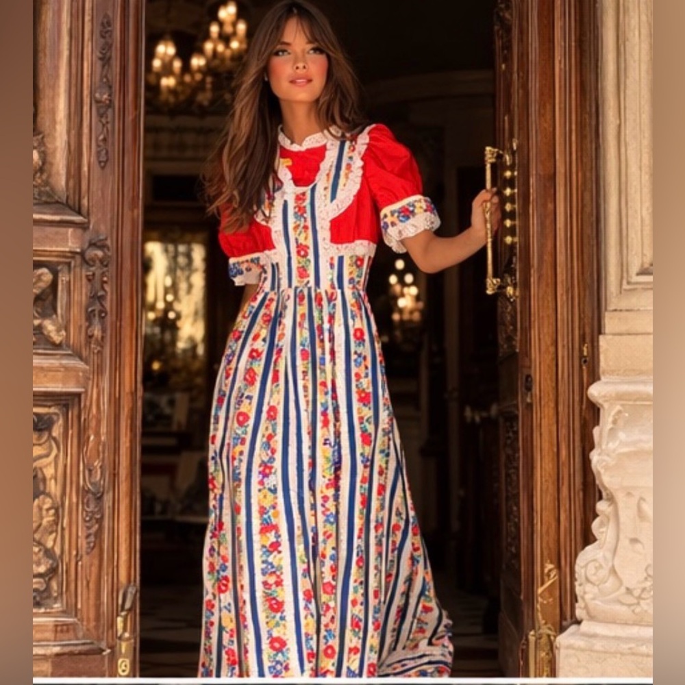 Vintage '70s Maxi Red Ruffle Dress Denise Are Here Sz 9/10